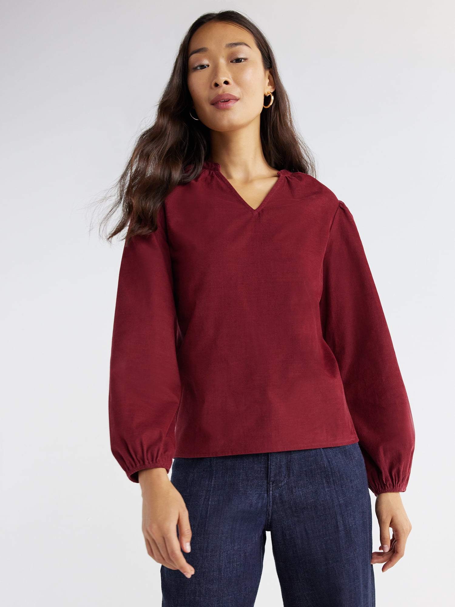 Time and Tru Women's Puff Sleeve Corduroy Top, Sizes XS-XXXL
