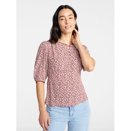 Time and Tru Women’s Empire Waist Top with Puff Sleeves, Sizes XS-XXXL