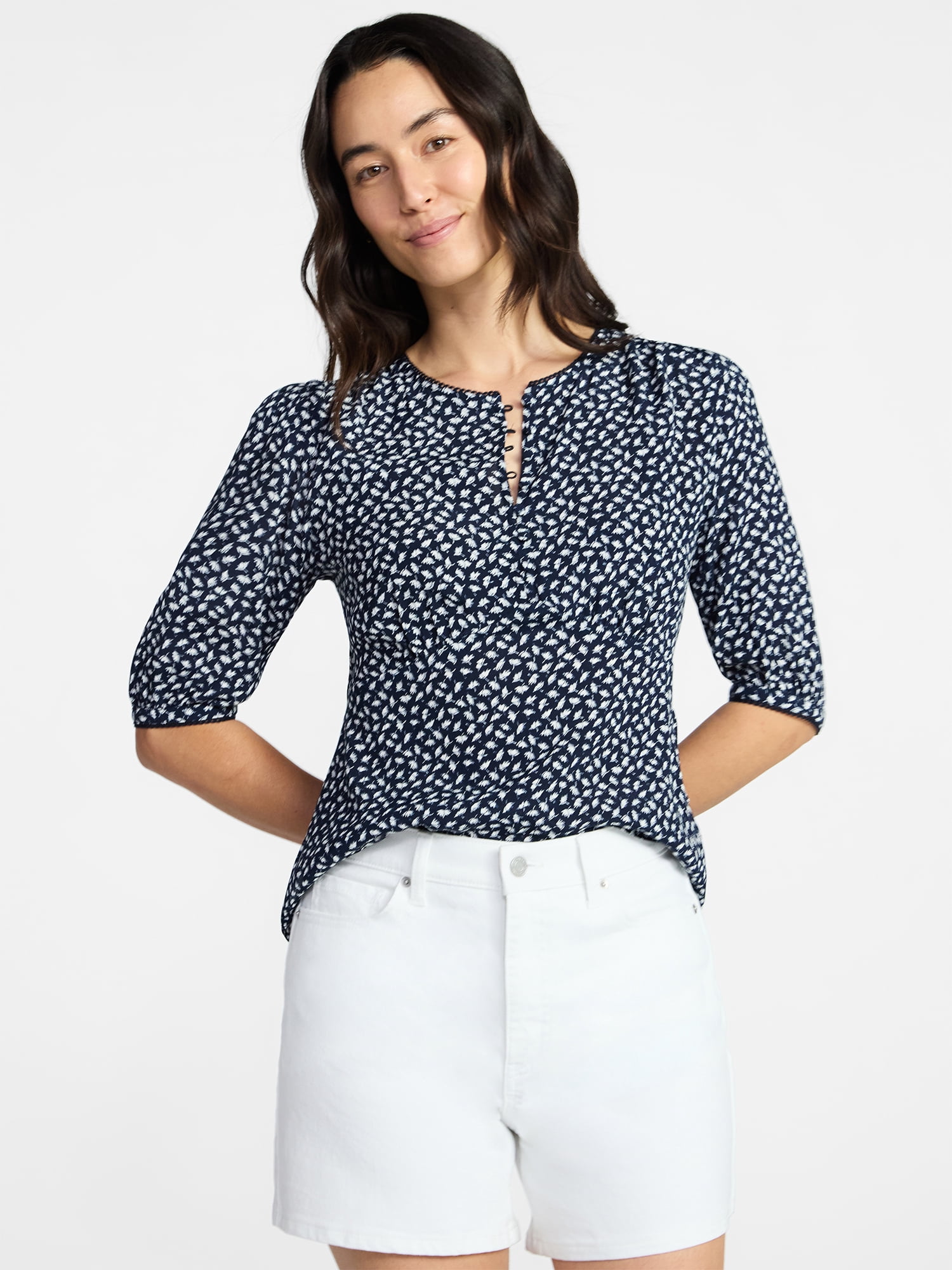 Time and Tru Women’s Empire Waist Top with Puff Sleeves, Sizes XS-XXXL