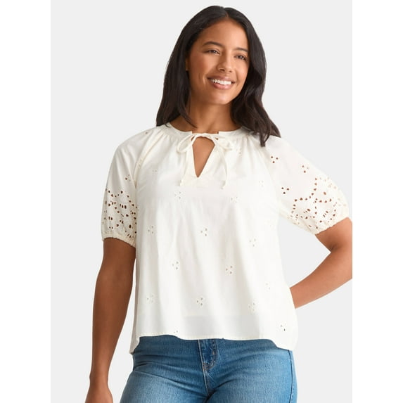 Time and Tru Women's Eyelet Top with Puff Sleeves, Sizes XS-XXXL