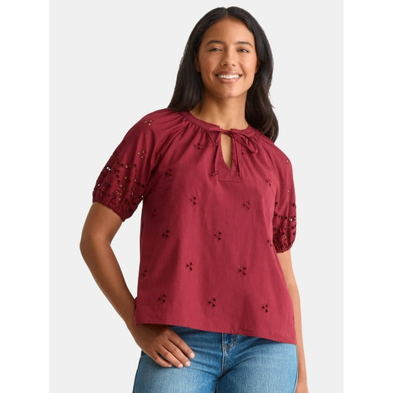 Time and Tru Women's Eyelet Top with Puff Sleeves, Sizes XS-XXXL