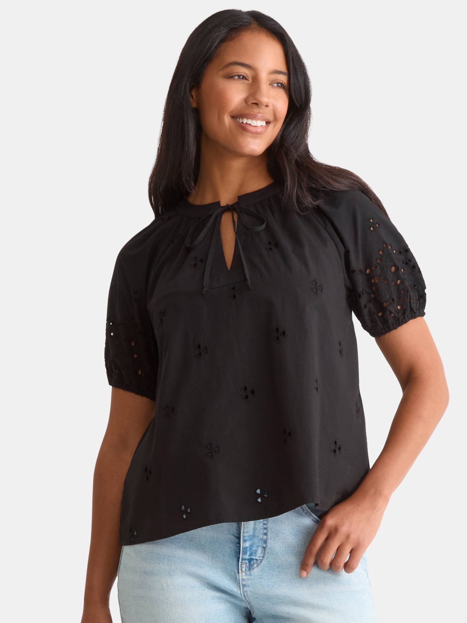 Time and Tru Women's Eyelet Top with Puff Sleeves, Sizes XS-XXXL
