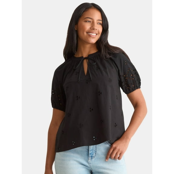 Time and Tru Women's Eyelet Top with Puff Sleeves, Sizes XS-XXXL