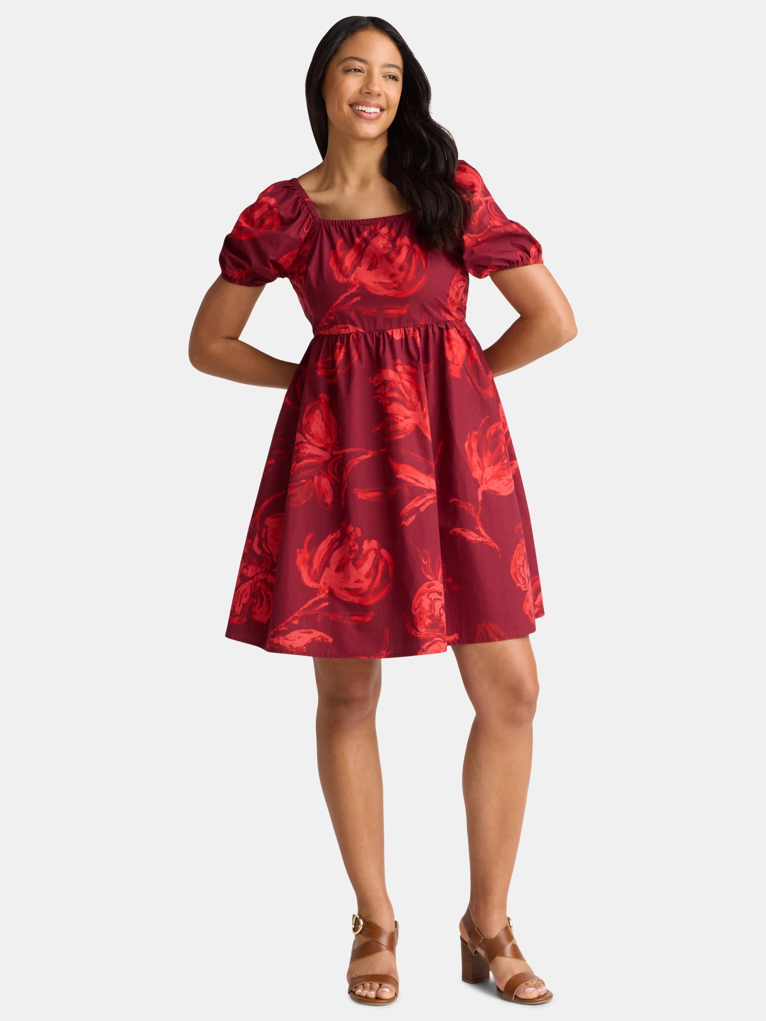 Time and Tru Women's and Women's Plus Tie Back Mini Dress with Puff Sleeves, Sizes XS-4X