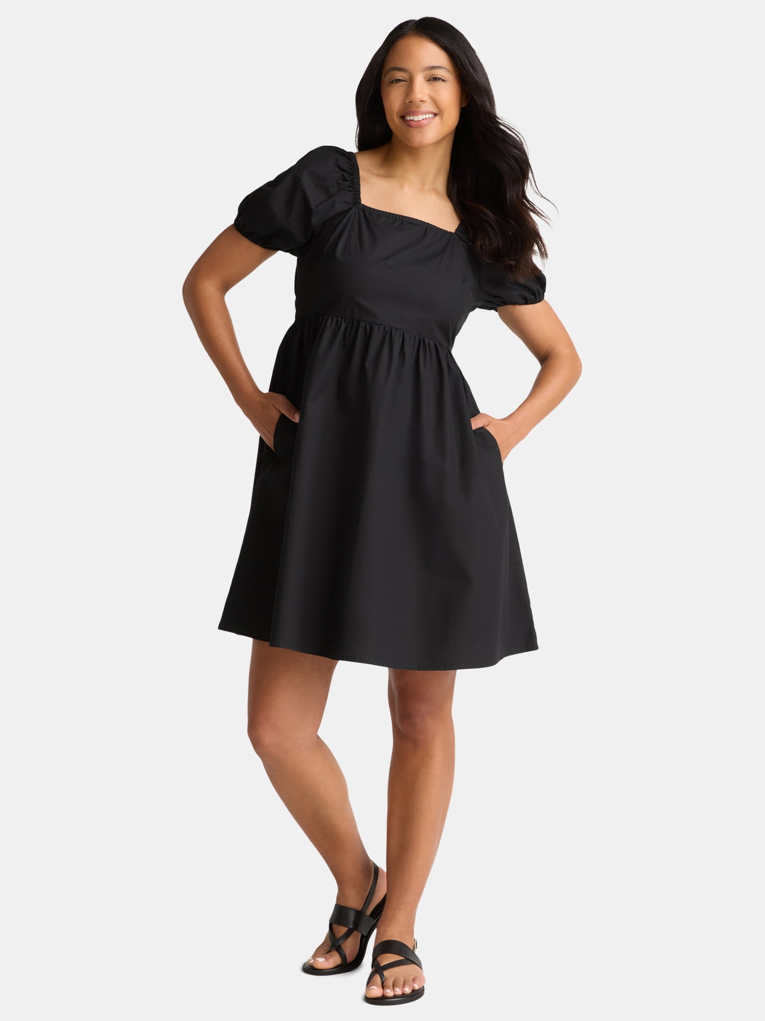 Time and Tru Women's and Women's Plus Tie Back Mini Dress with Puff Sleeves,  Sizes XS-4X - Walmart.com