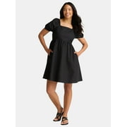 Time and Tru Women's and Women's Plus Tie Back Mini Dress with Puff Sleeves, Sizes XS-4X
