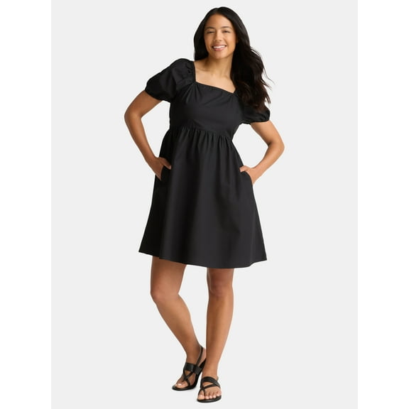 Time and Tru Women's Tie Back Mini Dress with Puff Sleeves, Sizes XS-XXXL