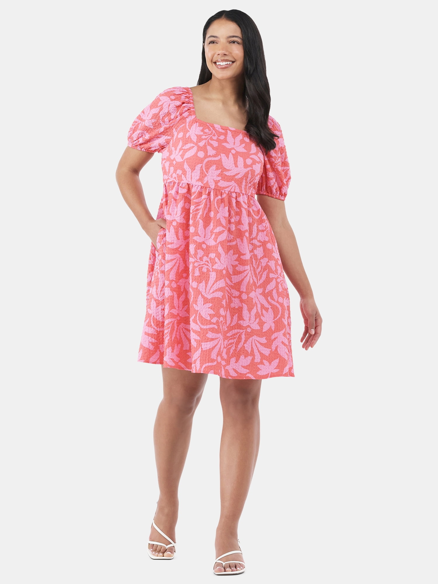 Time and Tru Women's Puff Sleeve Mini Dress, Cotton, Flared Fit