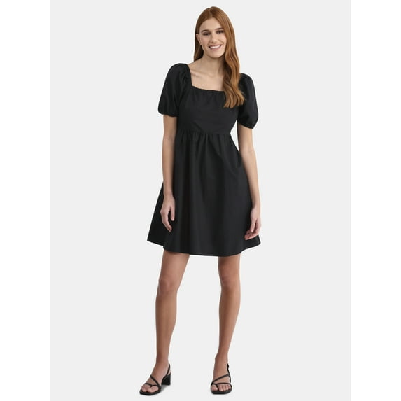 Time and Tru Women's and Women's Plus Tie Back Mini Dress with Puff Sleeves, Sizes XS-4X
