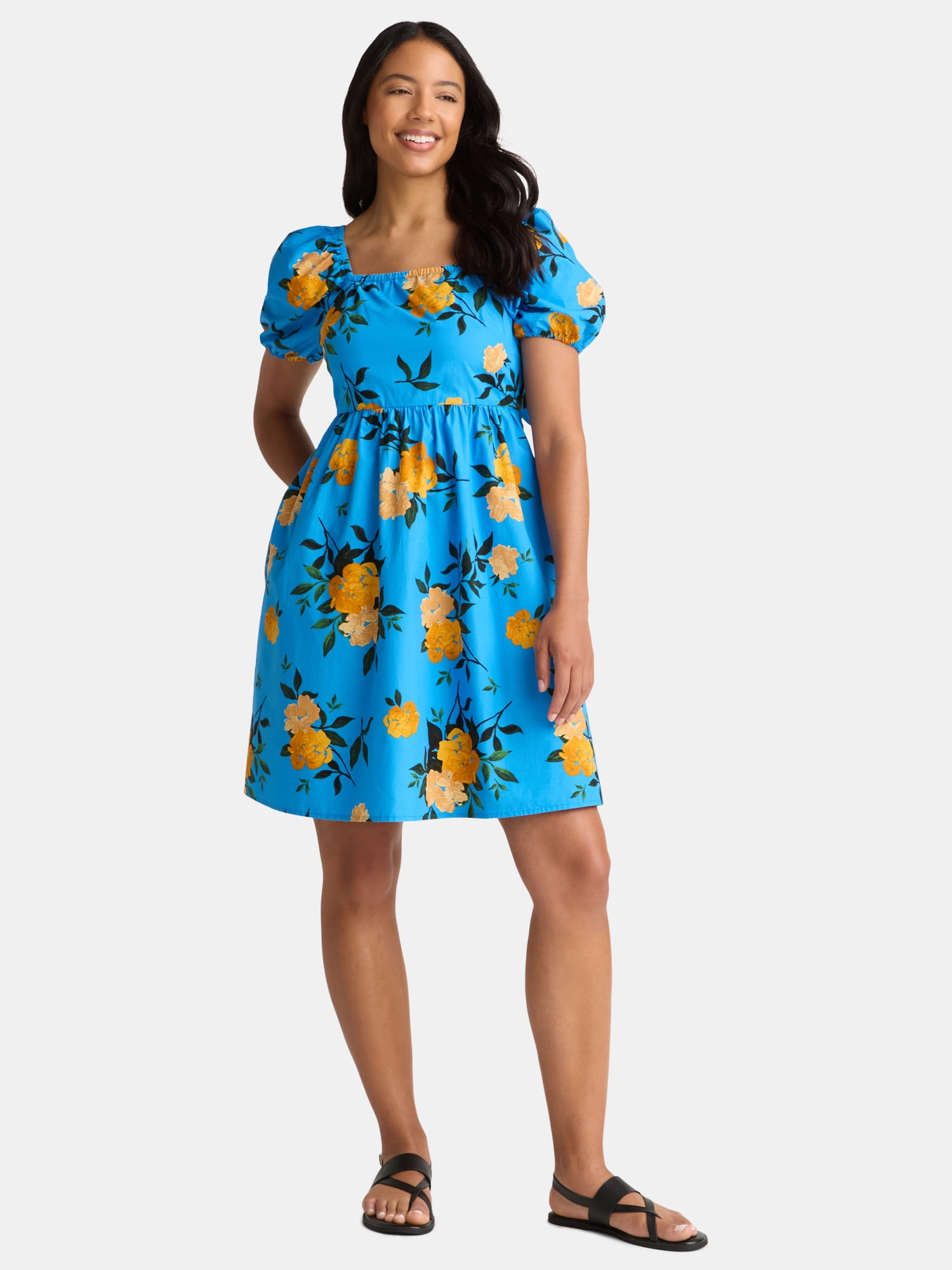 Time and Tru Women's Tie Back Mini Dress with Puff Sleeves