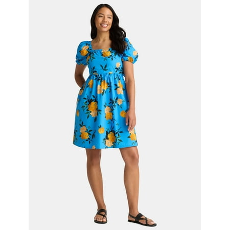 Time and Tru Women's and Women's Plus Tie Back Mini Dress with Puff Sleeves, Sizes XS-4X