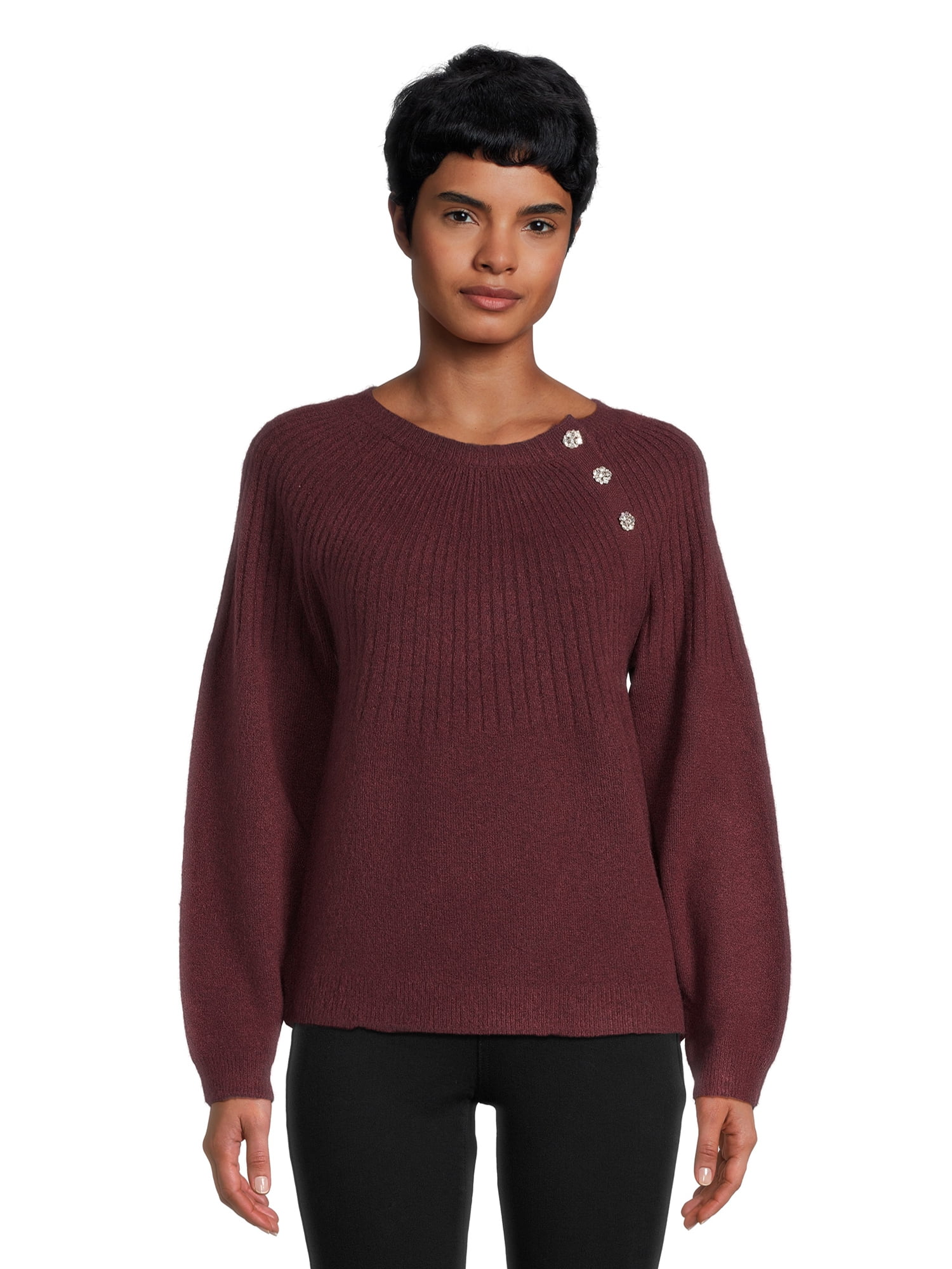 Time and Tru Women's Pullover Sweater with Jewel Like Buttons ...