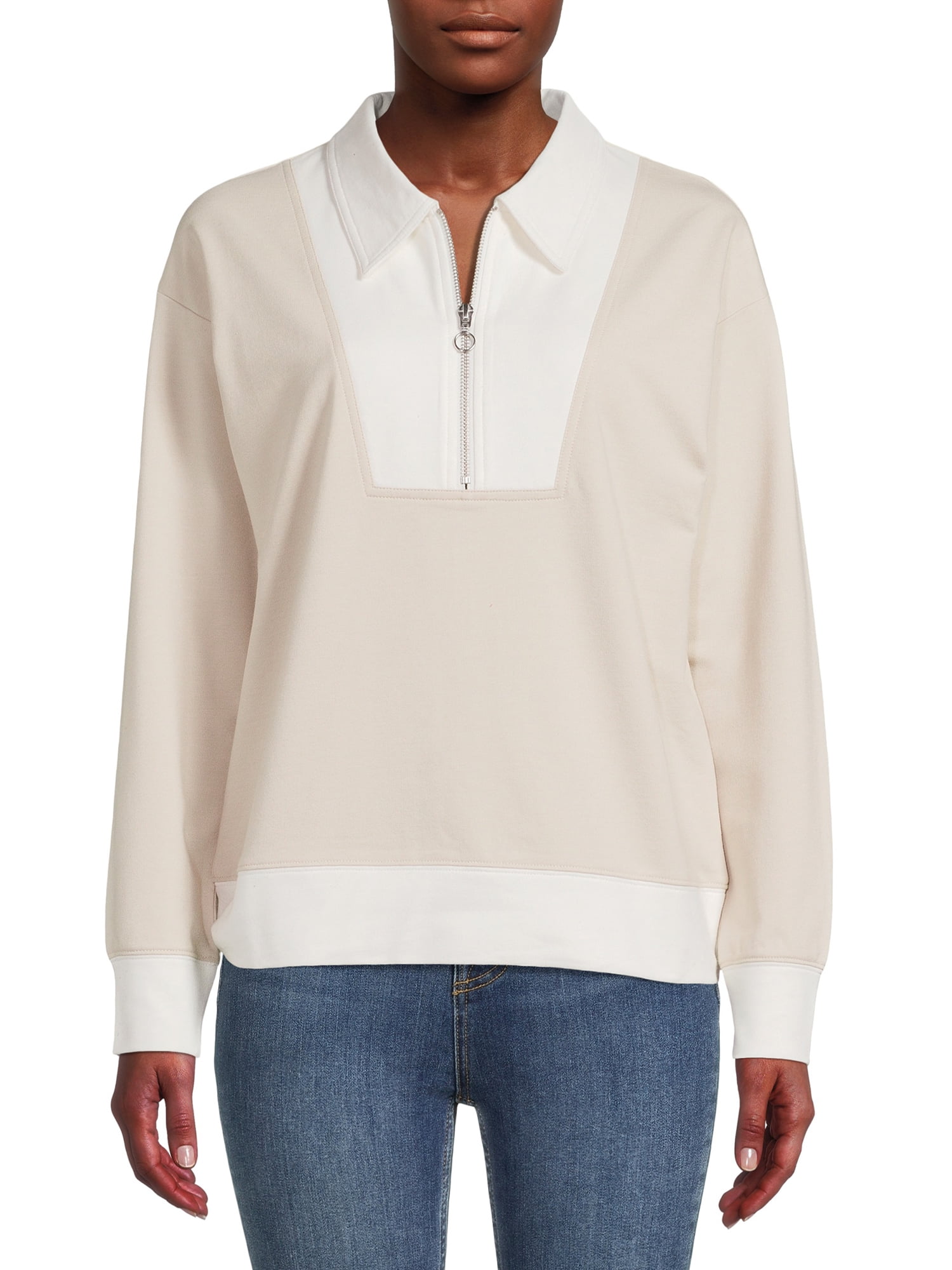 Time & Tru Women's Pullover Quarter-Zip Sweatshirt, Comfortable Cotton ...