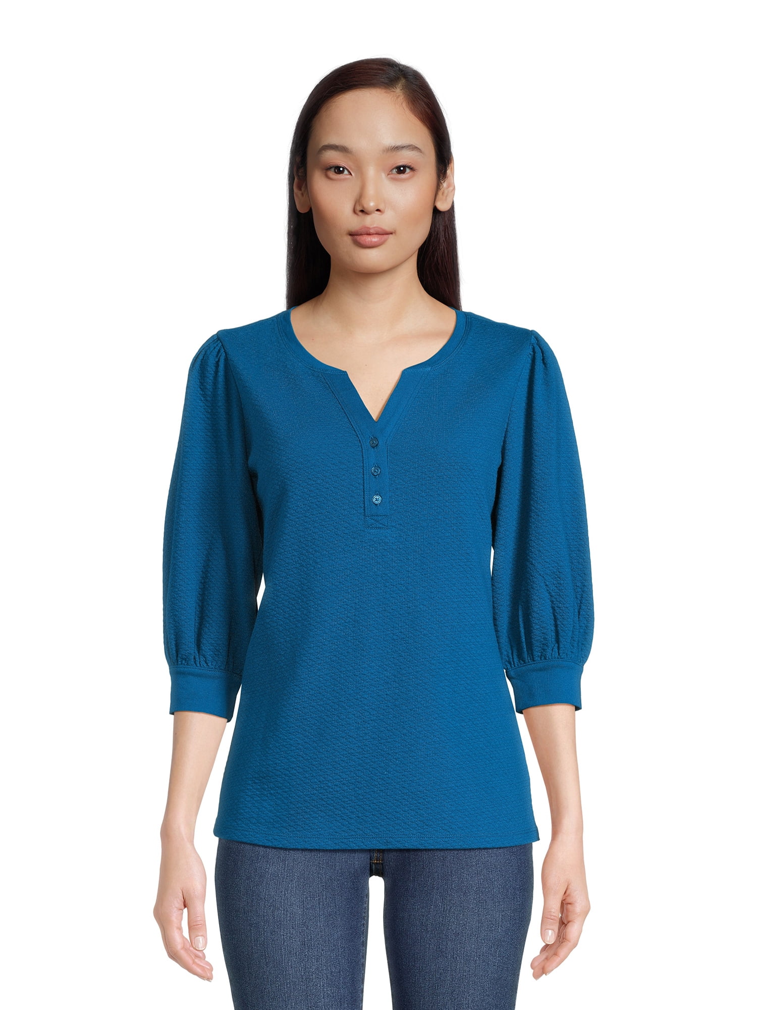 Time and Tru Women's Quilted Top with ¾Length Puff Sleeves, Sizes XSXXXL
