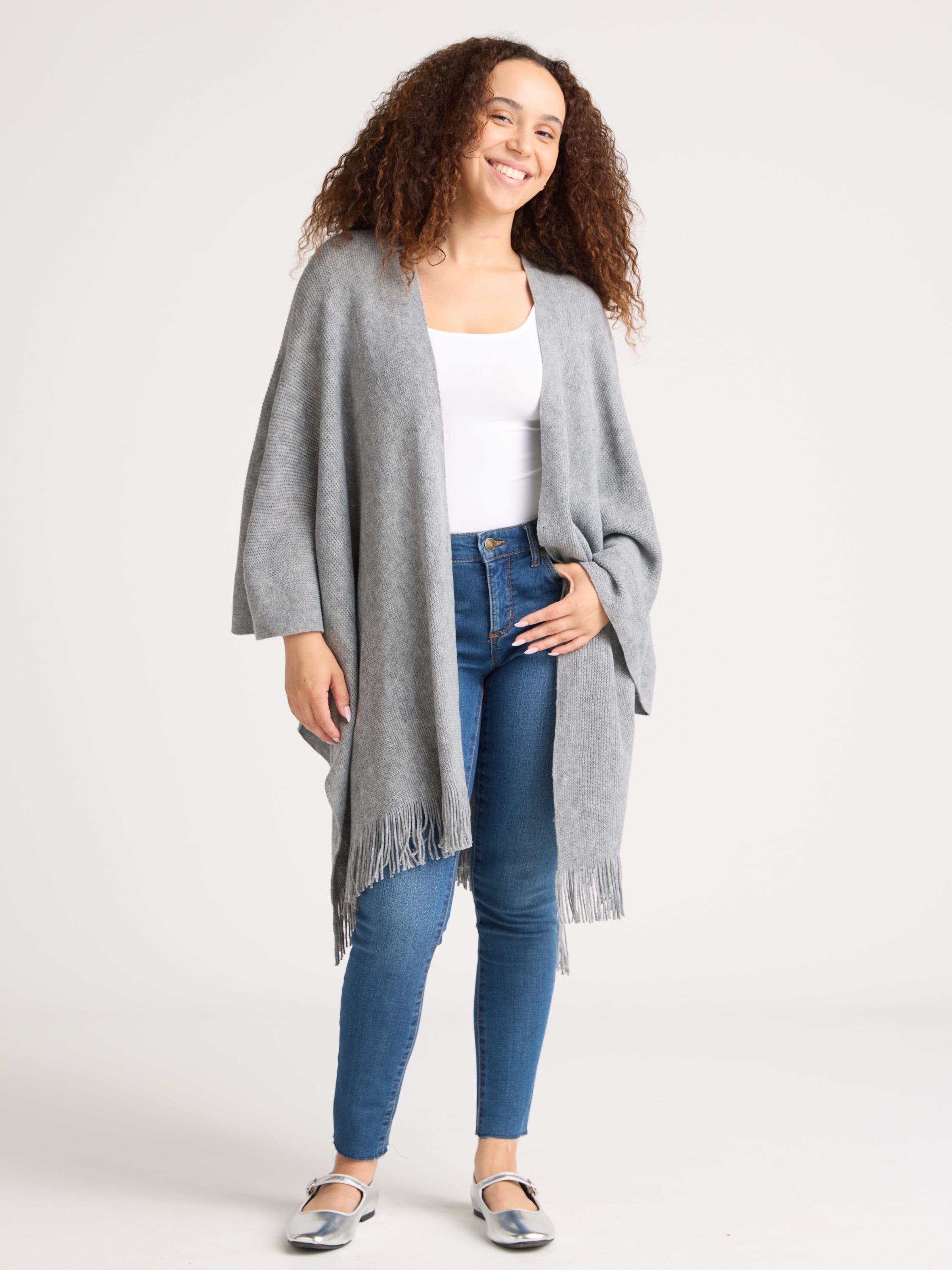 Time and Tru Women's Raschel Knit Ruana Coverup, One Size, Grey