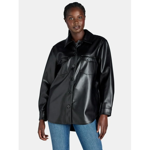 Time and Tru Women's Faux Leather Shacket, Sizes XS-XXXL