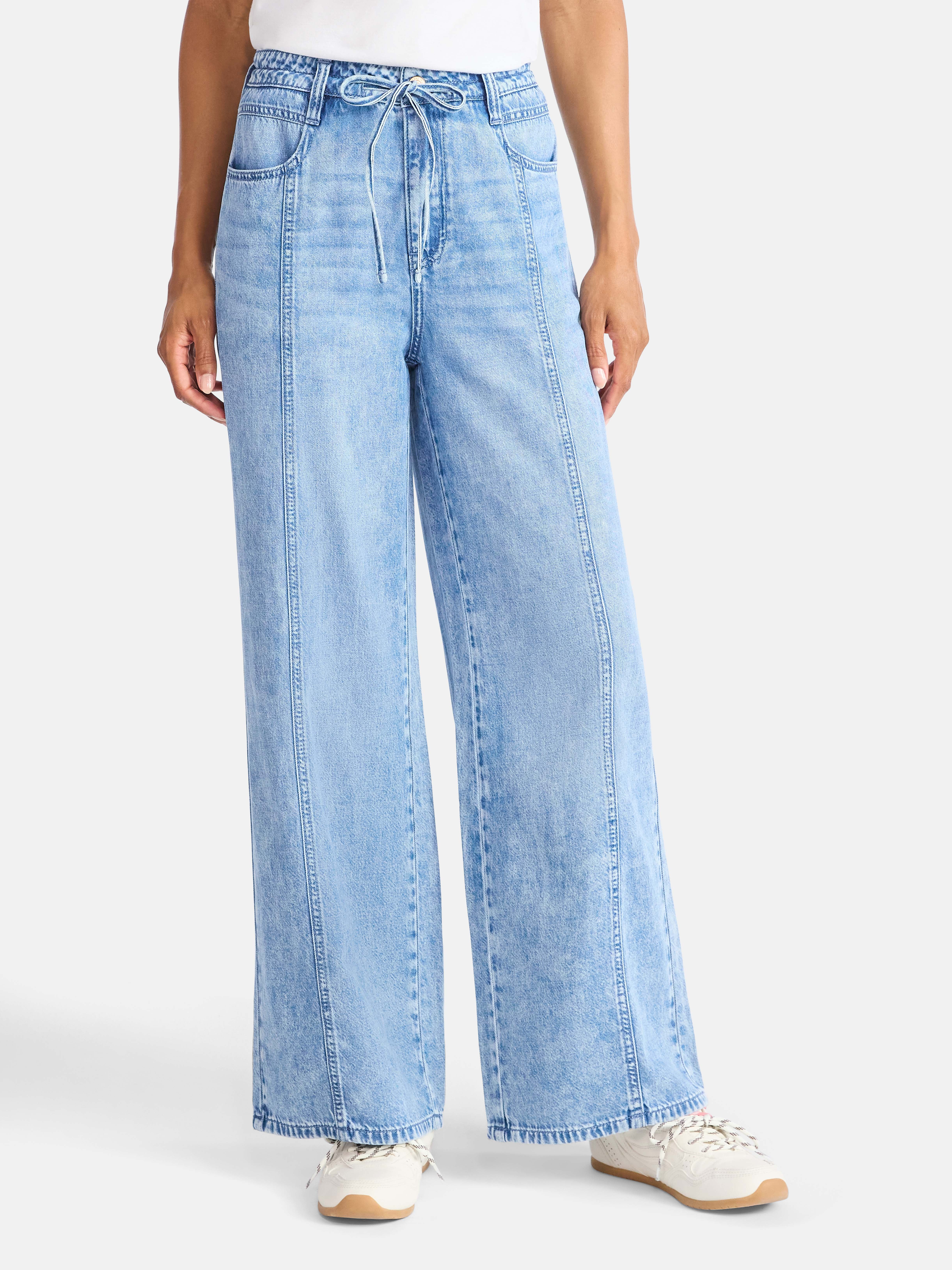 Time and Tru Women's and Women's Plus Relaxed Tie Waist Wide Leg Jeans, 31" Inseam, Sizes 0-20