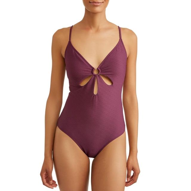 Shade & Shore Women's Black Ribbed One Piece Swimsuit - Cut Out Design, Size M