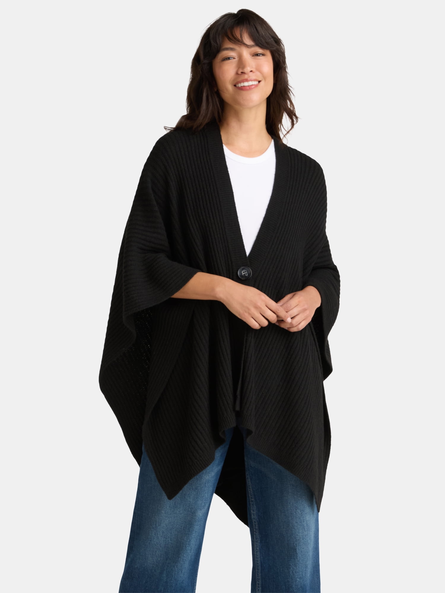 Time and Tru Women's Rib Knit Fashion Coverup with Button, One Size, Black