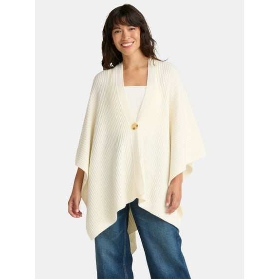 Time and Tru Women's Rib Knit Fashion Coverup With Button, One Size, Ivory