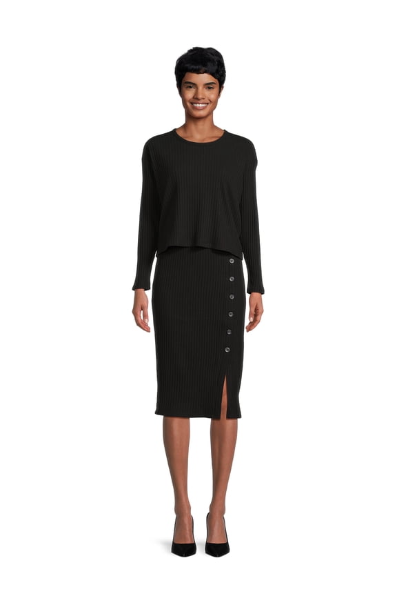 Women's Rib Knit Long Sleeve Top and Midi Skirt Set, 2-Piece , Sizes XS-XXL