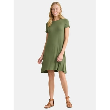 Time and Tru Women's Rib Knit Swing Dress with Short Sleeves, Sizes XS-XXXL