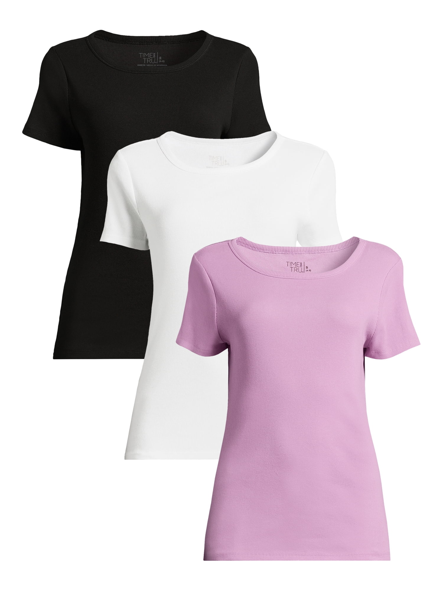 Time and Tru Women’s Rib Tee with Short Sleeves, Available in 1-Pack, 3 ...