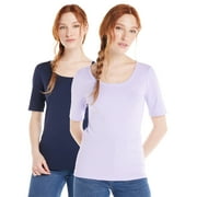 Time and Tru Women's Ribbed Cotton T-Shirt with Elbow Sleeves, 2-Pack