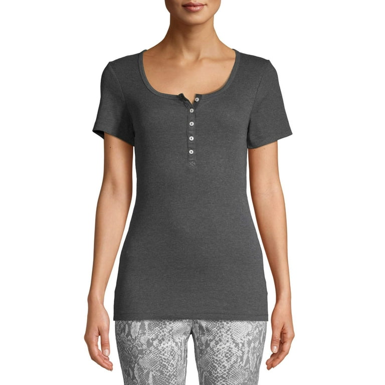 Time and Tru Women's Ribbed Henley T-Shirt with Short Sleeves