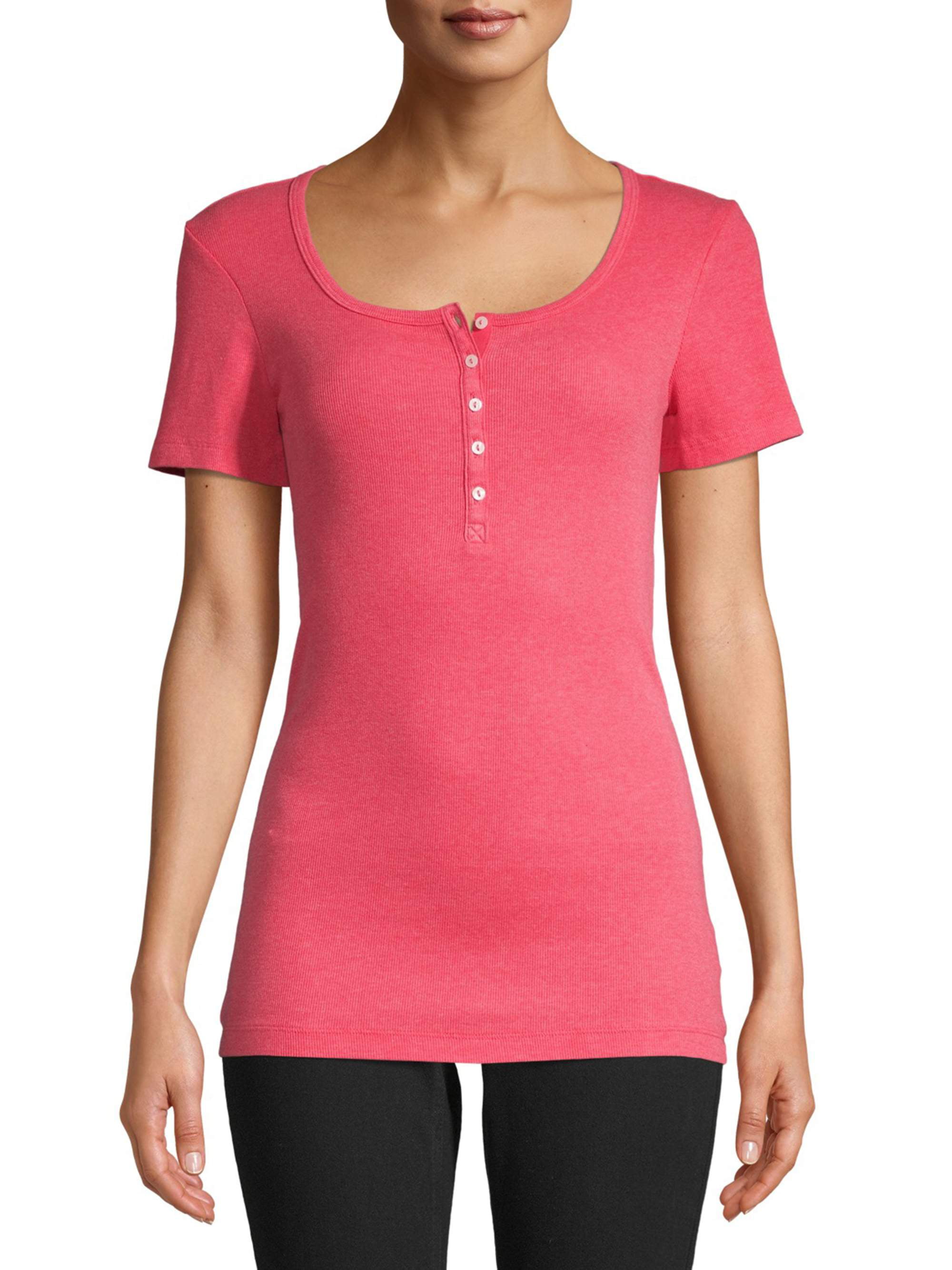 Time and Tru Women's Ribbed Henley T-Shirt with Short Sleeves