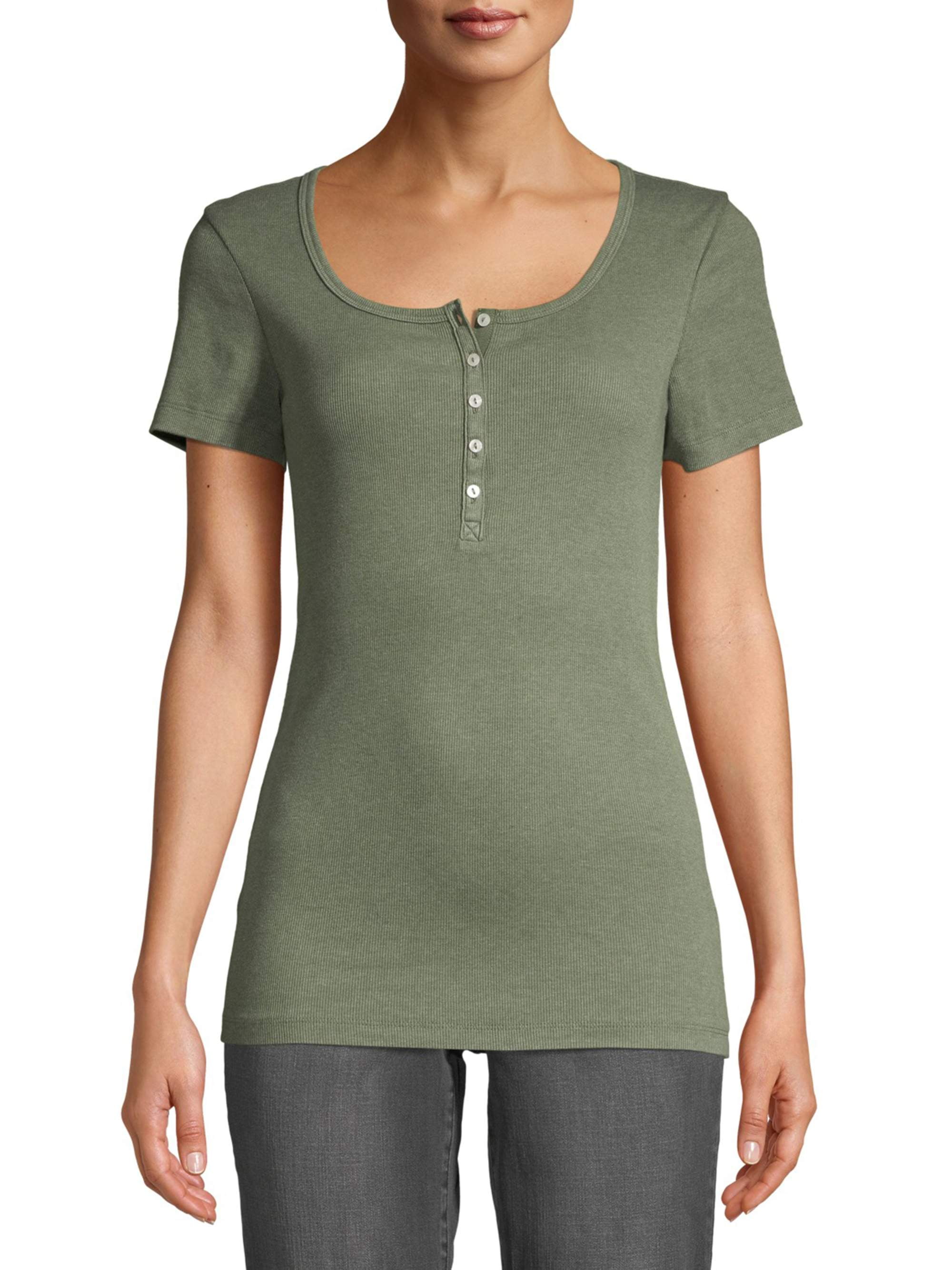 Time and Tru Women's Ribbed Henley TShirt with Short Sleeves