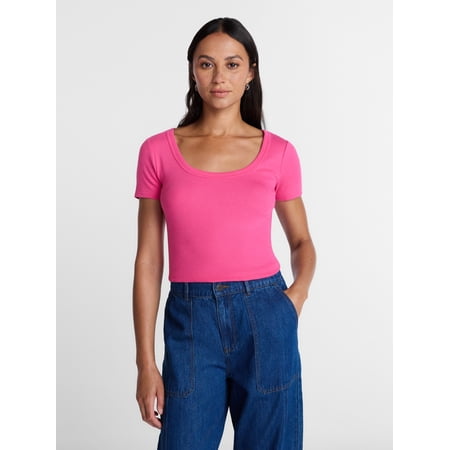 Time and Tru Women's Ribbed Scoop Neck Tee with Short Sleeves, Sizes XS-XXXL
