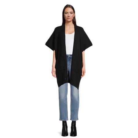 Time and Tru Women's Ribbed Sweater Cape with Pockets, Black Soot