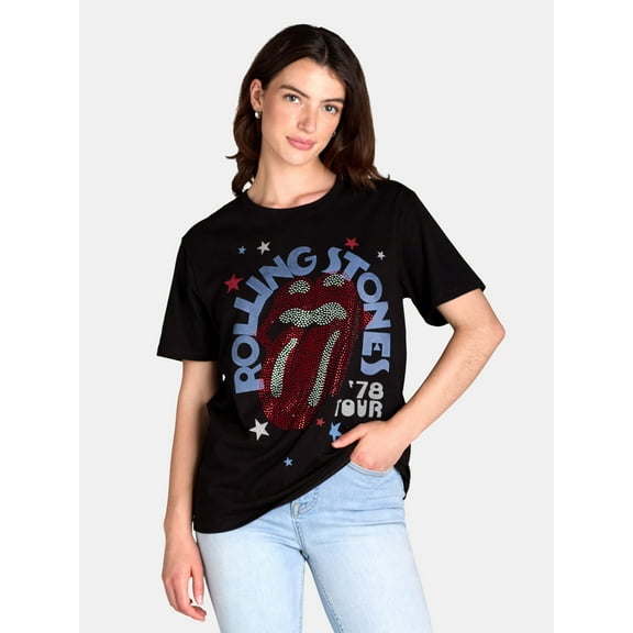 Time and Tru Women’s Rolling Stones Rhinestone Stud Graphic Band Tee, Sizes XS-XXXL