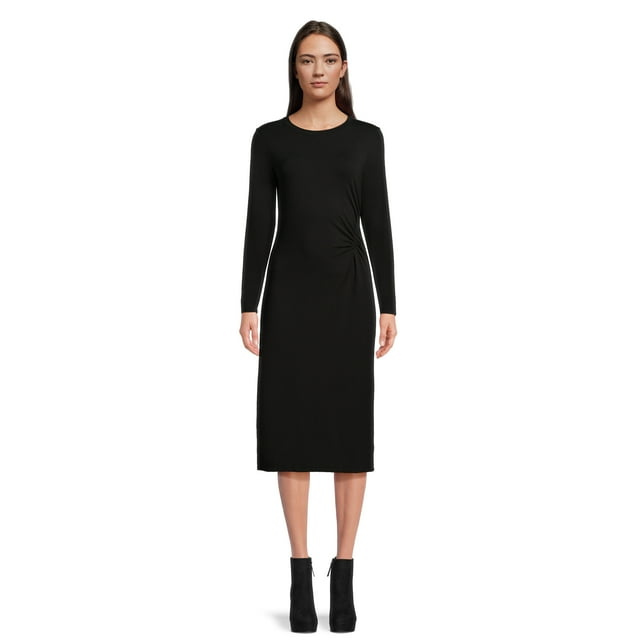 Time and Tru Women’s Rouched Midi Dress with Long Sleeves, Sizes XS ...