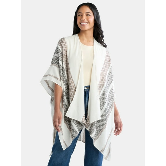 Time and Tru Women's Ruana with Stripes, Beige/Medium Tan, One Size Fits Most