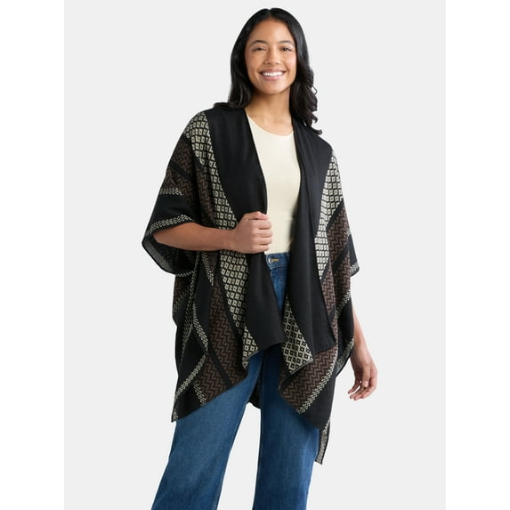 Time and Tru Women's Polyester Ruana W/ Stripes, One Size, Black
