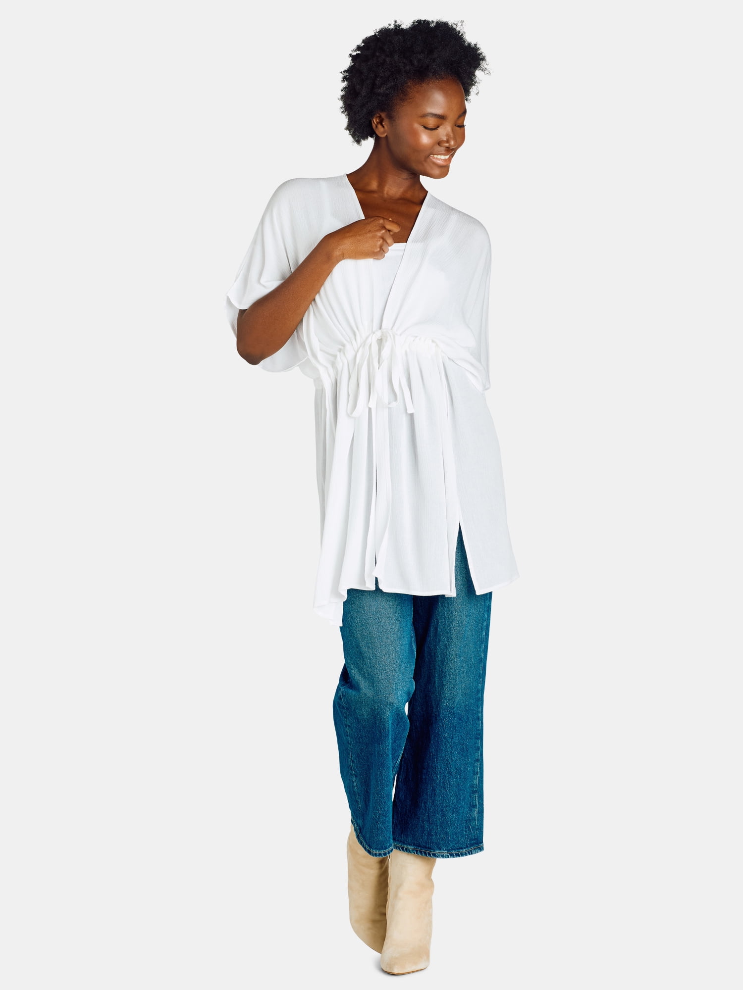 Time and Tru Women's Rayon Ruched Tie Front Solid, L/XL, Arctic White