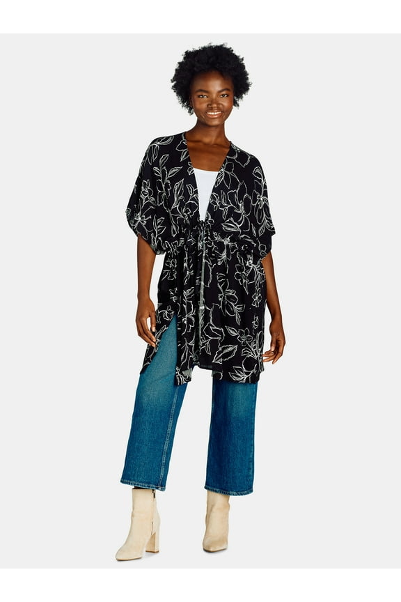 Women's Rayon Ruched Tie Front Print, S/M, Black Soot Floral