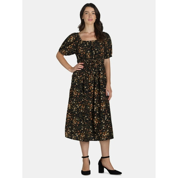 Time and Tru Women's Ruched Waist Print Midi Dress, Sizes XS-XXXL