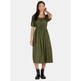 thumbnail image 1 of Time and Tru Women's Ruched Waist Print Midi Dress, Sizes XS-XXXL, 1 of 4