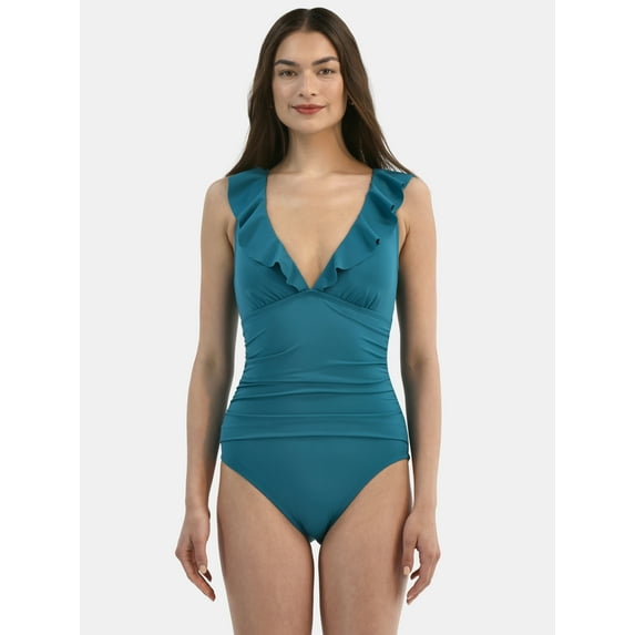 Time and Tru Women's Ruffle Plunge One Piece Swimsuit, Sizes XS-3X