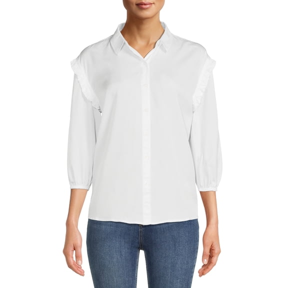 Time and Tru Women's Ruffle Sleeve Button Front Blouse