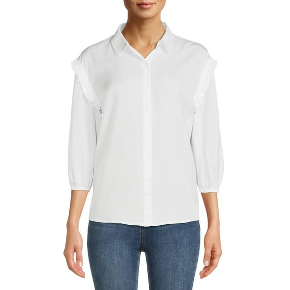 Time and Tru Women's Ruffle Sleeve Button Front Blouse