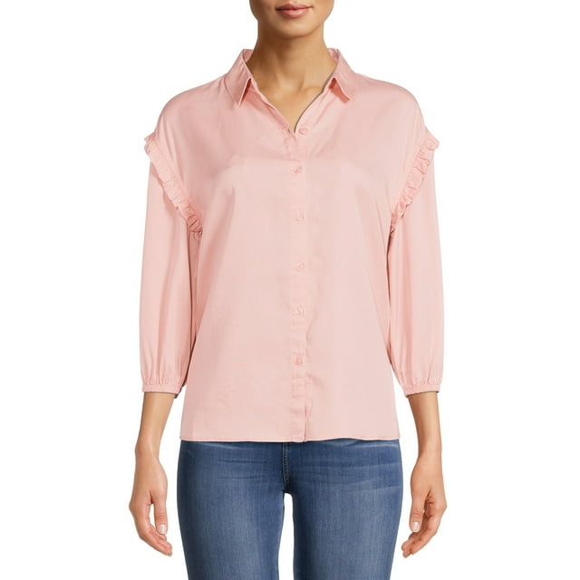 Time and Tru Women's Ruffle Sleeve Button Front Blouse