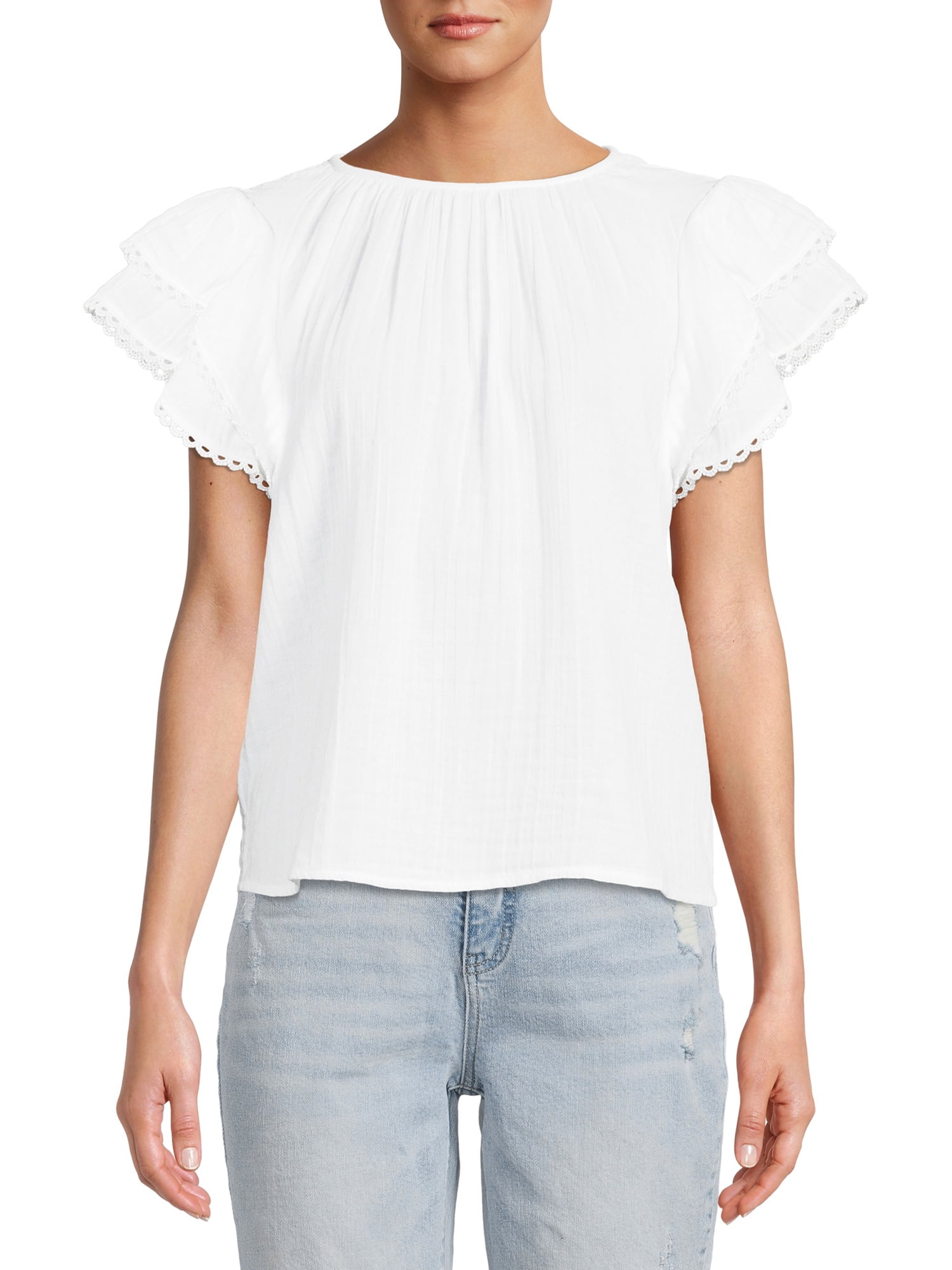 Time and Tru Women's Ruffle Sleeve Top Cotton Blouse & Top, Women's Sizes S-XXL