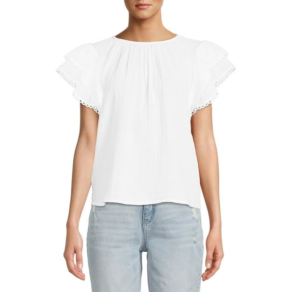 Time and Tru Women's Ruffle Sleeve Top Cotton Blouse & Top, Women's Sizes S-XXL