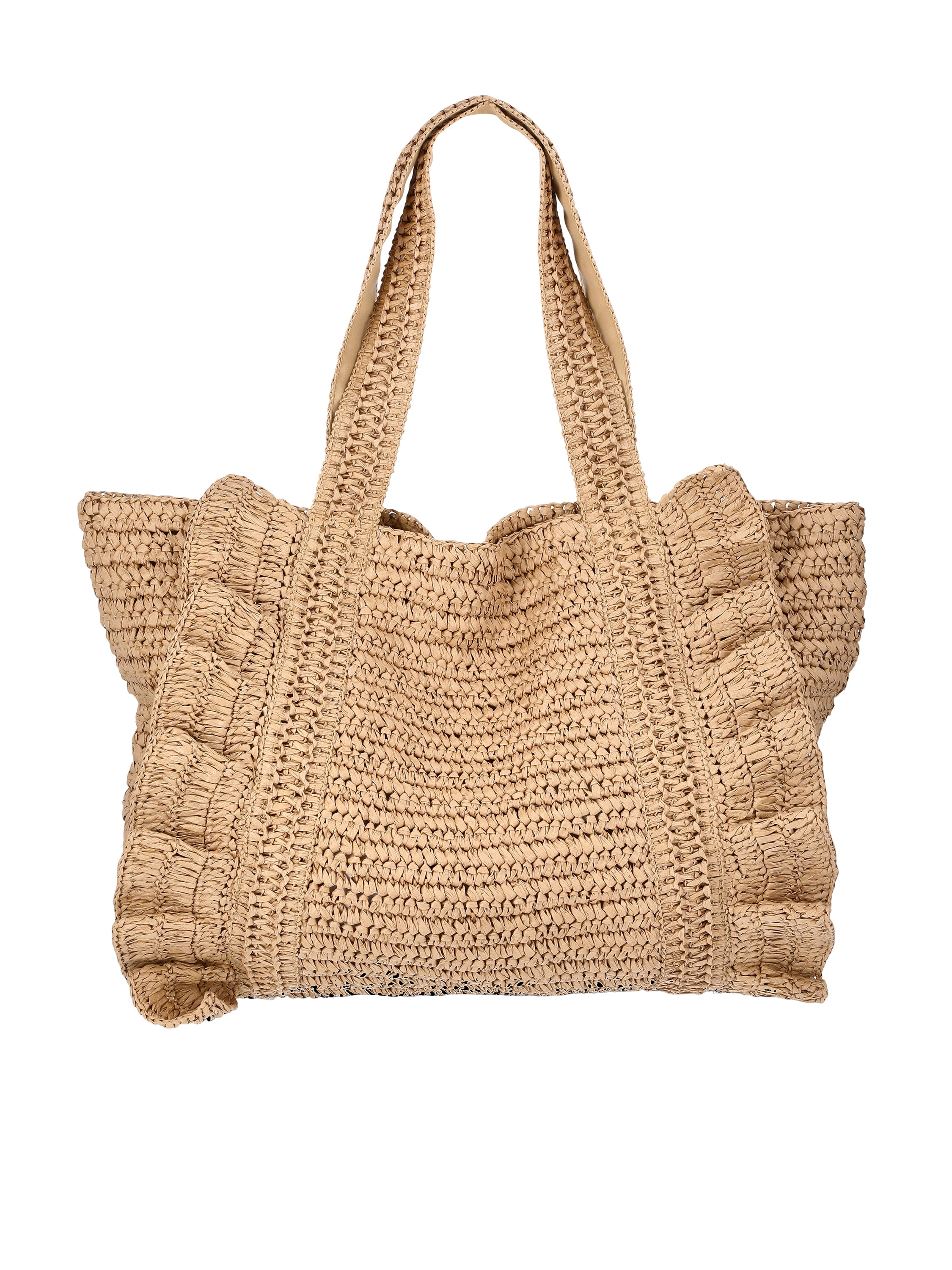 Time and Tru Women's Ruffle Straw Tote Bag, Natural