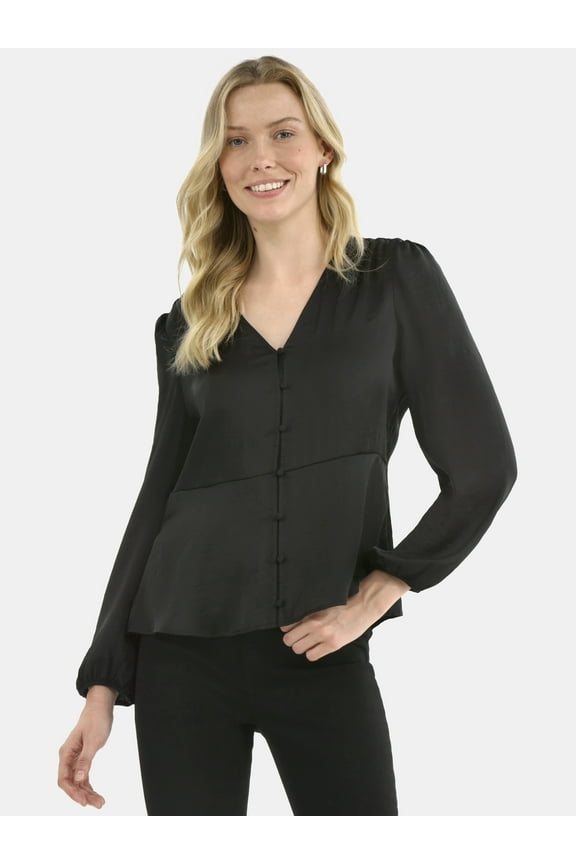 Women's Satin Blouse with Long Balloon Sleeves, XS-XXXL