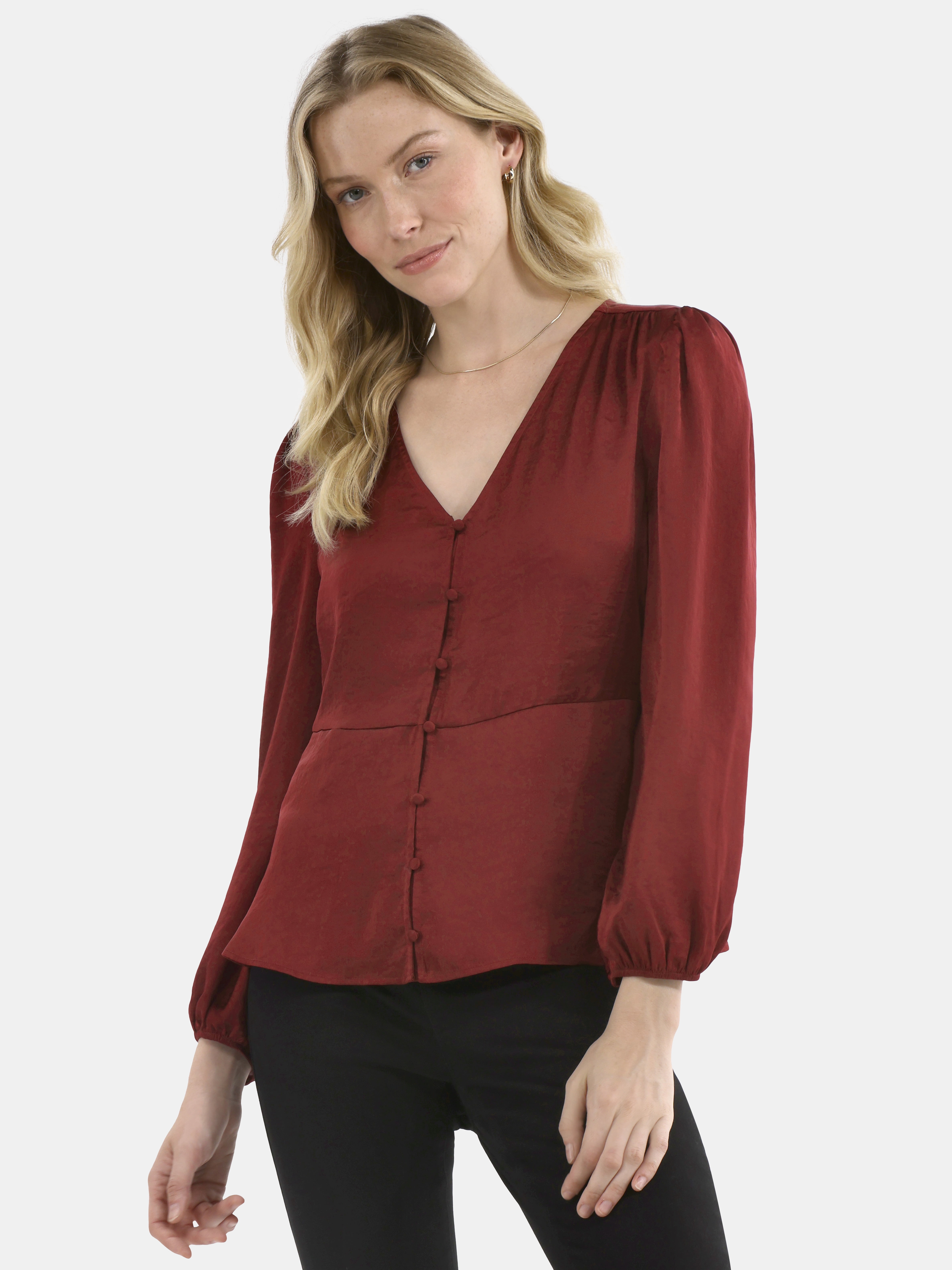 Time and Tru Women's Satin Blouse with Long Balloon Sleeves, XS-XXXL